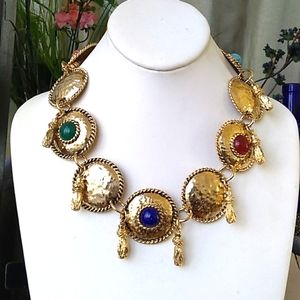 c'80s VINTAGE Egyptian Revival Jeweled Hammered Disc Link Necklace Tassel Detail
